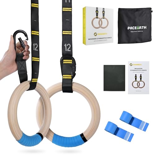Gymnastics Rings 32mm Wooden Olympic Rings Support 1500lbs Locked Carabiners 9ft Double-Layer Numbered Straps Non-Slip Gym Rings with Foot Straps Door Anchor for Home Gym Full Body Workout