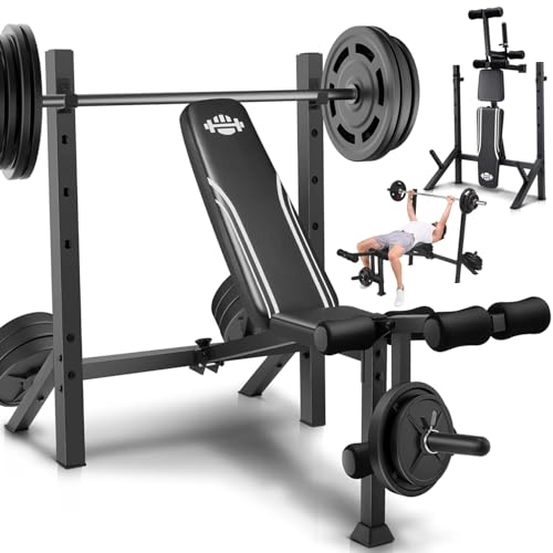 OPPSDECOR 900 LBS Weight Bench Set with Squat Rack, Adjustable Bench Press Set with Leg Extension and Leg Curl, Foldable Flat/Incline/Decline Workout Bench for Home Gym - color: Black White