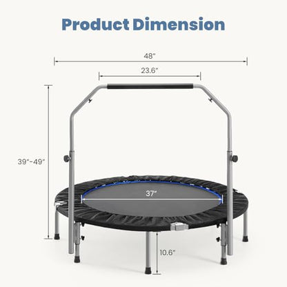 Trampoline, Portable Foldable Trampoline in-Home Mini Rebounder, Exercise Trampoline for Adults, 40" Max Load 330lbs (40" Black Adjustable Foam Handle)