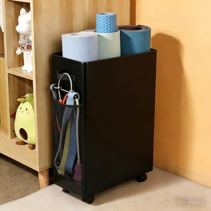 Yoga Mat Holder, Gym Mats Storage Rack with Wheels, Foldable Fitness Equipment Organizer for Home Gym Decor – Holds 4 Mats, 2 Foam Rollers, 6 Bands, with Mesh Pockets