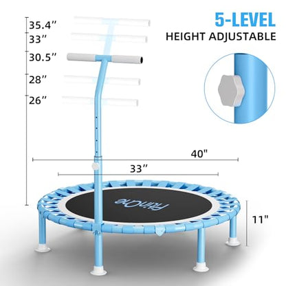 40" Fitness Mini Trampoline with Adjustable Handle Bar, 330lbs Foldable Bungee Rebounder for Adults and Kids, Stable & Quiet Exercise Rebounder Indoor Workout