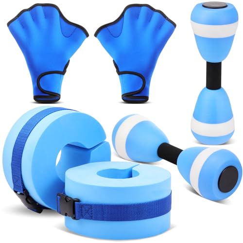 Water Aerobics Set Aquatic Exercise Set Include Water Foam Dumbbell Swim Aquatic Cuffs Ankle Arm Swimming Glove Pool Resistance Weights Pool Fitness Equipment for Training - color: Blue
