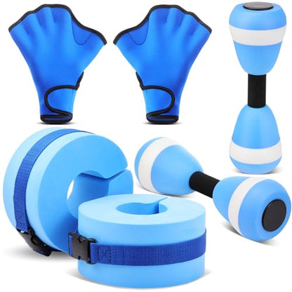 Water Aerobics Set Aquatic Exercise Set Include Water Foam Dumbbell Swim Aquatic Cuffs Ankle Arm Swimming Glove Pool Resistance Weights Pool Fitness Equipment for Training - color: Blue