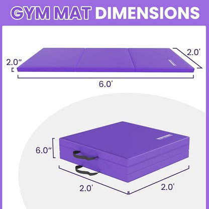 Fitvids Folding Exercise Gymnastics Mat for Tumbling, 2'x6'x2" Gym Workout Mat with Carrying Handles High-Density Anti-Tear Portable Fitness Aerobics Mats for Home Gym Yoga Pilates MMA Core Training