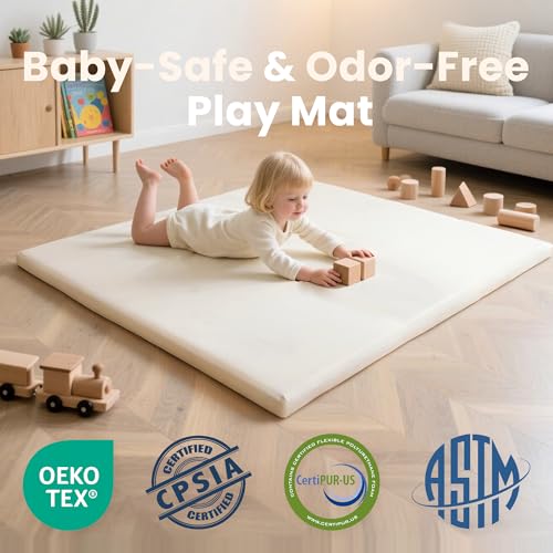 Huloo Sleep Baby Play Mat 50x50 Inches, 1.3" Thick Padded Waterproof Floor Cushion & Playpen Mat with Vegan Leather, Non-Slip & Non-Toxic Nursery Rug for Infants, Toddlers & Kids(Cream)