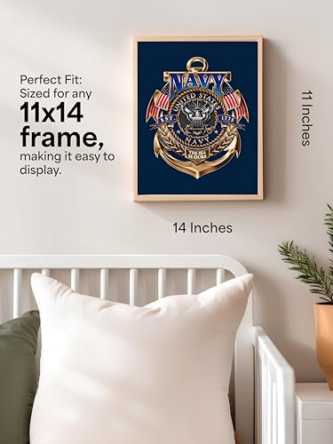 AMERICAN LUXURY GIFTS US Navy Gold Anchor Crest - Military Patriotic Wall Art for Office, Man Cave & Boy's Room Decor - 11x14 Unframed Print
