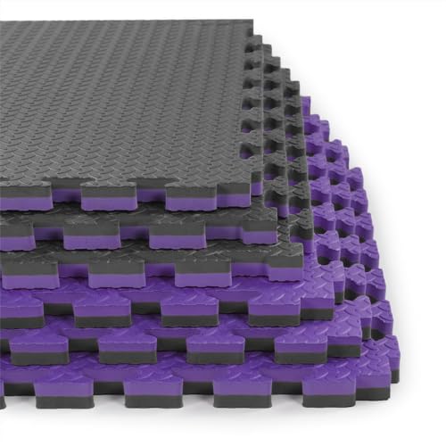 1" Extra Thick 48 sq ft Reversible EVA Gym Foam Floor Mat Tiles (24" x 24"), Steel Pattern, 12 pcs, Black/Purple
