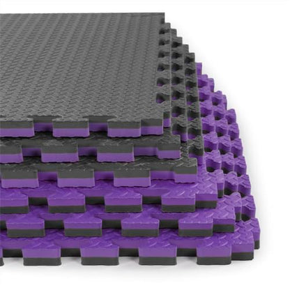 1" Extra Thick 48 sq ft Reversible EVA Gym Foam Floor Mat Tiles (24" x 24"), Steel Pattern, 12 pcs, Black/Purple