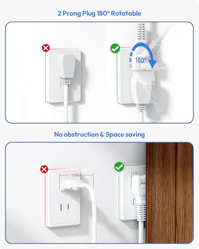 2 Prong Power Strip, NTONPOWER 10 FT Extension Cord, 2 Prong to 3 Prong Outlet Adapter, 180°Non-Polarized, 3 Outlets 4 USB (2 USB C), Wall Mount for Old House Non-Grounded Outlets,White - size: 10 ft