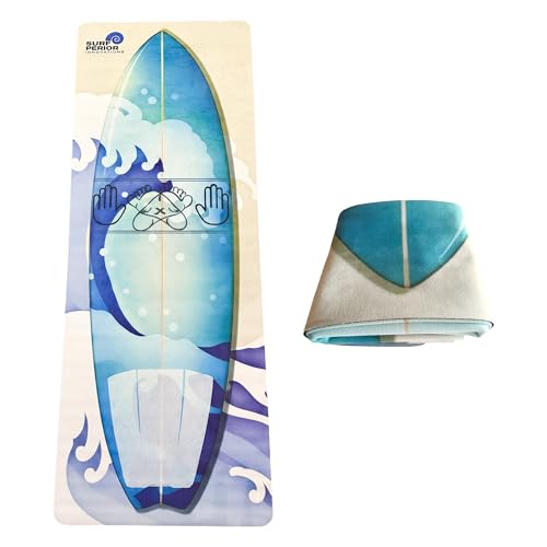 Surf Pop Up Fitness Mat, Ultra lightweight Travel Mat with Surfboard Design, Training tool for Surfers, Hand and Foot Positioning Guides to improve stance, QR code video link with Pop Up tips included on packaging - color: Blue And White
