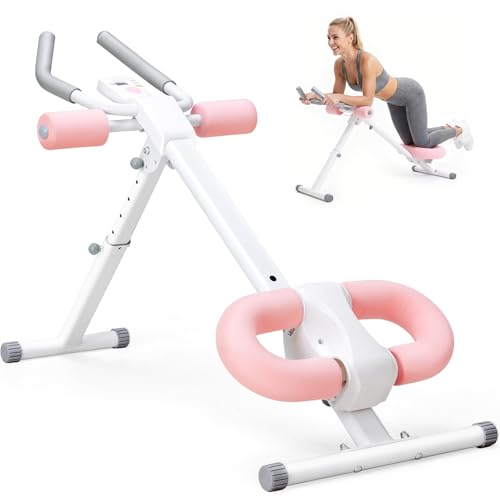 DUMOS Ab Workout Equipment for Home Gym, Exercise Machine Abs Trainer, Full Body Fitness System Adjustable for Abdominal Stomach Training, LCD Display, Knee Protection - color: White&Pink