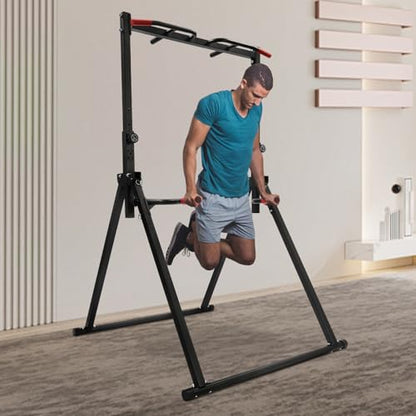 Foldable Power Tower, Free Standing Pull up Bar Dip Station, Adjustable Height Multifunction Strength Training Equipment for Home Gym, Full Body Workout, Triangular Legs, Up to 440 Lbs