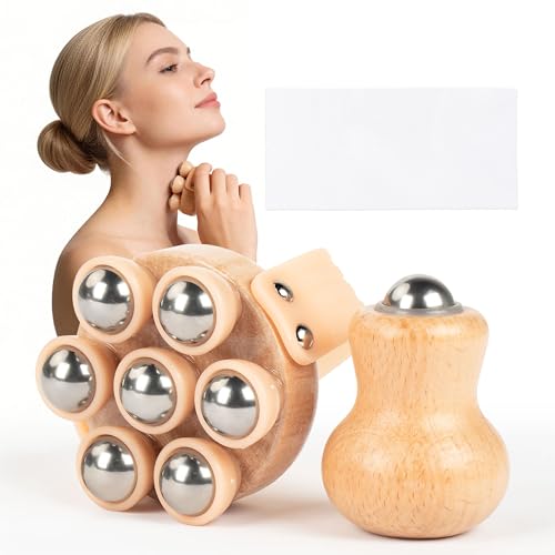 2 Pack Wooden Handheld Lymphatic Massager with Multi Ball and Finger Ball Rollers, Featuring Smooth 304 Stainless Steel Balls for Body Contouring, Cellulite, Circulation and Muscle Relief