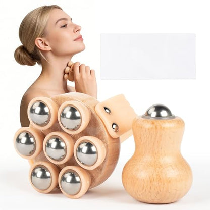 2 Pack Wooden Handheld Lymphatic Massager with Multi Ball and Finger Ball Rollers, Featuring Smooth 304 Stainless Steel Balls for Body Contouring, Cellulite, Circulation and Muscle Relief