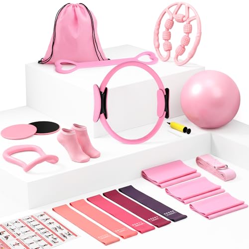 Pilates Set for Women, Pilates Kit for Home Workout Equipment with Pilates Ring, Ball, Resistance Bands, Sliders & Muscle Roller, All-in-One Pilates Starer Kit for Beginners, Full Body Toning