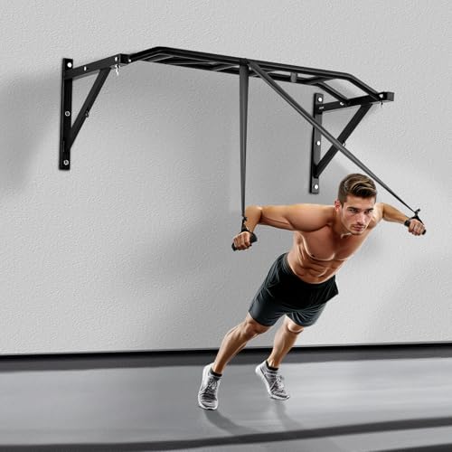 VEVOR Pull Up Bar, Multi-Grip Wall Mounted Pull Ups, 50 in Width Multifunctional Chin Up Training Station, Heavy Duty Steel Upper Body Workout Bars with Hangers, 440 lbs Weight Capacity, for Home Gym - size: Multi-grip with Hangers