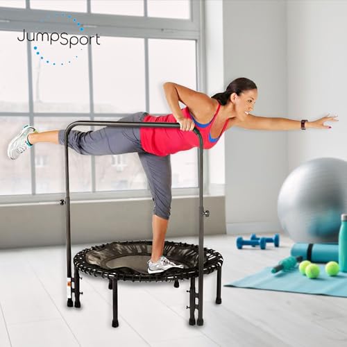 JumpSport 350 PRO Indoor Heavy Duty Lightweight 39-Inch Fitness Rebounder Adults Trampoline with Sporty Steel Handle Bar Accessory for Workouts, Black