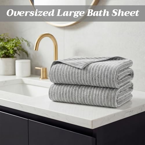2 Pack Oversized Bath Towels 40 x 80 in Coral Fleece Extra Large Gray and White Striped Bath Sheets Microfiber Quick Dry Absorbent Shower Towel for Beach Pool Hotel Bathroom Spa Gym