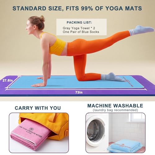 2 Pack Yoga Mat Towels with Bonus Grip Socks, Sky Blue + Rose Pink | Elegant Embroidered, 1-Second Sweat Absorption & Non-Slip | Machine Washable Microfiber | Hot Yoga, Pilates | 73''*27.6''
