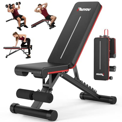 PASYOU Adjustable Weight Bench, 660LB Capacity Foldable Workout Bench, Incline Flat Bench Press for Home Gym, Dual-Frame Strength Training Bench, No Assembly Required, Wider Seat