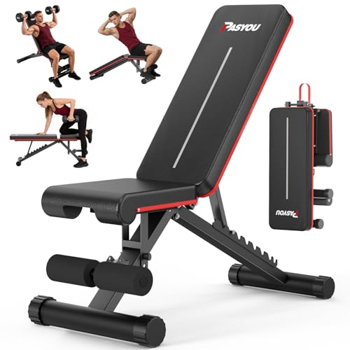 PASYOU Adjustable Weight Bench, 660LB Capacity Foldable Workout Bench, Incline Flat Bench Press for Home Gym, Dual-Frame Strength Training Bench, No Assembly Required, Wider Seat - color: Red