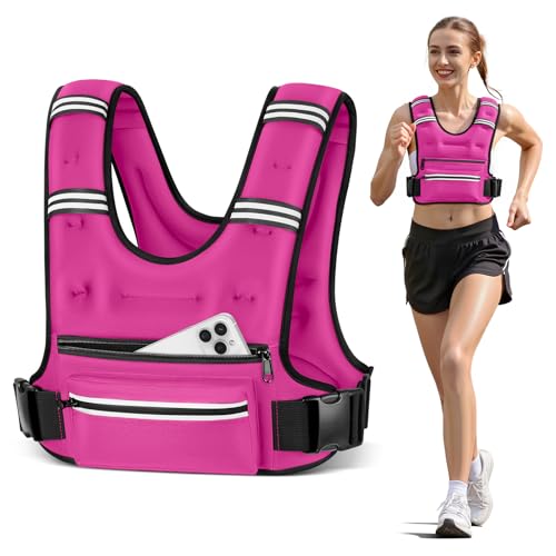 Weighted Vests for Women Men, 8 12 16 20 lb Weighted Vest with Storage Pockets, Rucking Vest with Reflective Stripe, Adjustable Straps Weight Vest for Running, Walking, Workout, Training - color: Rose Red, size: 8 lb