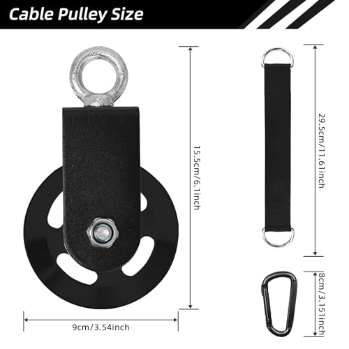 LFJ Aluminum Alloy Cable Pulley with Swing Strap Carabiner, 90mm Pulley Wheel for LAT Pulley System DIY Pull Down Attachment,Ladder Lift,Home Gym Equipment - color: Black-2Pack