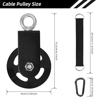 LFJ Aluminum Alloy Cable Pulley with Swing Strap Carabiner, 90mm Pulley Wheel for LAT Pulley System DIY Pull Down Attachment,Ladder Lift,Home Gym Equipment - color: Black