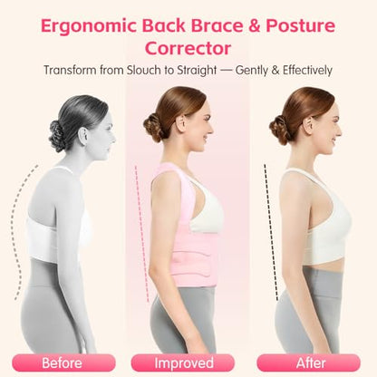 Posture Corrector for Women & Men, Adjustable Back Brace with Shoulder Straightener & Lumbar Support for Upper & Lower Back Pain Relief, Spine Support, Hunchback & Scoliosis, Pink, Small