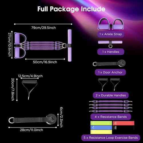 Upgrade Pedal Resistance Band, 4-Tube Elastic Sit Up Pull Rope for Men and Women,Pedal Puller for Strength Training,Foot Resistance Rope for Physical Therapy with 5Pcs Exercise Bands - color: Purple