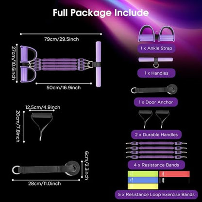 Upgrade Pedal Resistance Band, 4-Tube Elastic Sit Up Pull Rope for Men and Women,Pedal Puller for Strength Training,Foot Resistance Rope for Physical Therapy with 5Pcs Exercise Bands - color: Purple