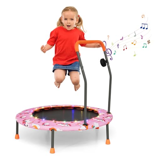 Giantex 36" Trampoline for Kids, Mini Toddler Trampoline w/Colorful LED Lights & Bluetooth Speaker, Small Rebounder Exercise Trampoline Indoor w/Foam Handle & Padded Cover for Kid Aged 3+ - color: Pink