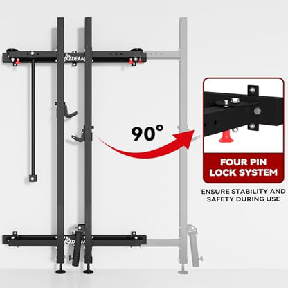 Folding Squat Rack, 2.36"x2.36" Steel Wall Mounted Power Rack for Home Gym Space-Saving Foldable Squat Cage 1000LBS Capacity with Pull Up Bar/J-Hooks/Landmine