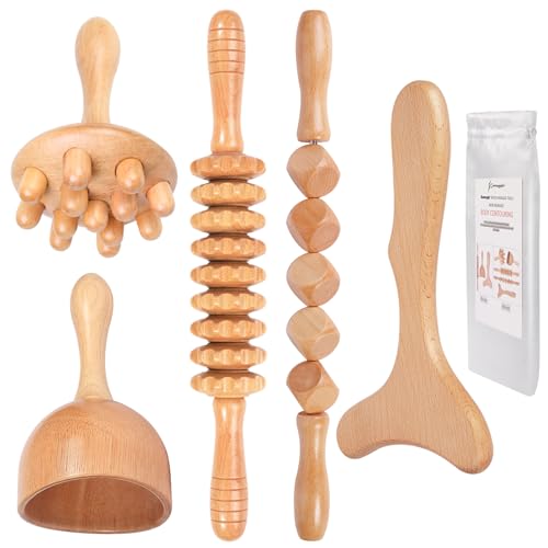 Wood Therapy Massage Tools 5-in-1 Lymphatic Drainage Massager Maderoterapia Kit Wooden Massager Body Sculpting Tools for Muscle Pain Relief, Anti-Cellulite, Body Contouring and Shaping