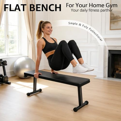 Gym Quality Foldable Flat Bench for Multi-Purpose Weight Training and Ab Exercises, Strength Training, Stable Assembly, Black