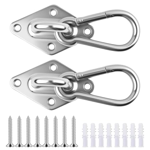 2Pack M10 Hammock Hanging Kit, Heavy Duty Stainless Steel Pad Eye Hooks with Snap Hook, for Porch Swing Punching Bag Ceiling Wall Mount, 1000Lbs Capacity Indoor Outdoor Hardware with Screws Anchors