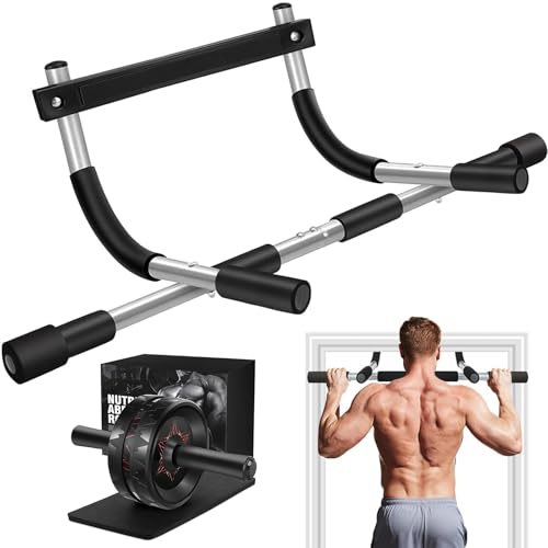 Home Gym Workout Set – Doorway Pull Up Bar No Screws & Ab Roller Wheel with Knee Pad, Full Body Strength Training Equipment for Core, Abs, Arms & Upper Body, Portable Fitness Kit for Home & Travel