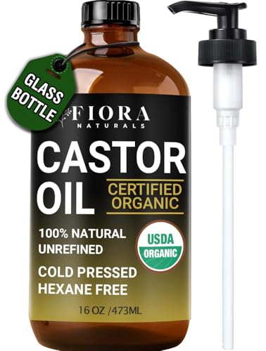 Organic Castor Oil in Glass Bottle – 16 Oz Cold Pressed & Hexane-Free – USDA Certified – Skin Moisturizer, Hair Growth Oil For Lashes, Brows, Skin & Scalp – with Pump - size: 16 Fl Oz (Pack of 1)