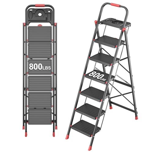 6 Step Foldable Step Ladder with Mutifunctional Tool Tray, Platform Ladders Stepstools, Step Stool 6 Step Folding with Non-Slip Pedals, 800lbs Bearing Capacity for Adults, Home, Kitchen, Black Red - color: Black Red, size: 6 Step