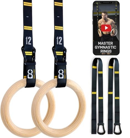 Wood Gymnastics Rings with Quick Adjust Numbered Straps and Exercise Videos Guide - Full Body Workout Rings, Calisthenics, Home Gym (Multi-Size)