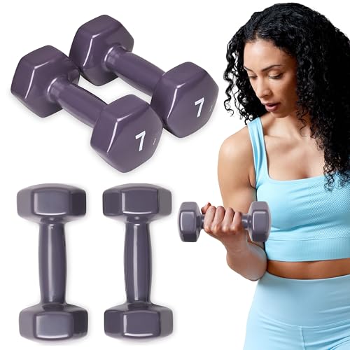 SPRI Dumbbells Hand Weights Set of 2 - Vinyl Coated Exercise & Fitness Dumbbell for Home Gym Equipment Workouts Strength Training Free Weights for Women, Men (1-10 Pound, 12, 15, 18, 20 lb) - color: (G) Purple | 7-Pound