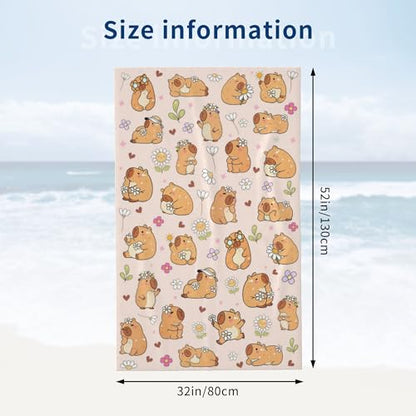 Capybara Beach Towel, Microfiber Oversized Beach Towel, Lightweight Quick Dry Sandproof Towels 51”x31.5” for Swim Pool Yoga Gym Camping Beach Essentials Accessories (Daisy Capybara)