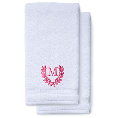 Decorative and Monogrammed Hand Towels for Bathroom Kitchen Makeup | Personalized Gift for Wedding-Bridal | Roman Font Custom Luxury Turkish Towel | Spa Collection, Oversized, 16 X 30 Inch, Set of 2 - color: Pink, size: Initial M