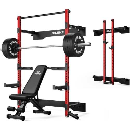 JELENS FS01 Folding Squat Rack, Wall Mounted Power Rack for Home Gym, Space Saving Multi-Functional Power Cage with More Attachments - color: Red, size: 260LB Black Weights Package