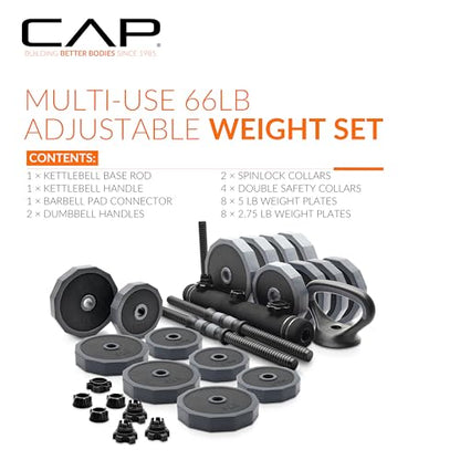 CAP Barbell Multi-Use Adjustable Weight Set - Versatile Dumbbell, Barbell & Kettlebell for Full-Body Workouts | 45lb and 66lb options - size: 66 lb Set