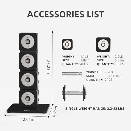 DHT Adjustable Dumbbells, Dumbbell Sets with Rack, Free Weights Dumbbells Set, All-Purpose Fitness, Anti-Rolling, Weights Set for Gym, Home, Office, 2.2-22 lbs, 1 Set
