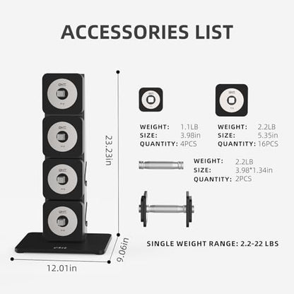 DHT Adjustable Dumbbells, Dumbbell Sets with Rack, Free Weights Dumbbells Set, All-Purpose Fitness, Anti-Rolling, Weights Set for Gym, Home, Office, 2.2-22 lbs, 1 Set