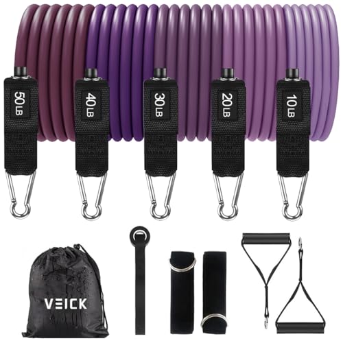 VEICK Resistance Bands Set - Exercise Equipment with Handles, Ankle Straps & Door Anchor for Home Gym, Shoulder Chest Leg Rowing Golf Cable Workout - color: Purple 150LBS