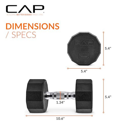 CAP Rubber Coated Dumbbell Weights, Free Weights for Home Gym Strength Training, Anti-Roll Hex Dumbbells with Black, Chrome & Comfort Grip Handles, Singles - size: 25 lb, style: 12-Sided - Chrome Handle