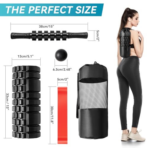 Krightlink 5-in-1 Foam Roller Set - Deep Tissue Muscle Recovery Kit with High Density Exercise Roller, Massage Ball, Resistance Band & Carry Bag for Physical Therapy & Pain Relief (Black) - color: Pure Black
